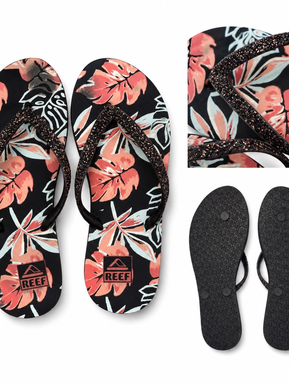 Reef Women's Black Floral Sandal with Glitter Straps